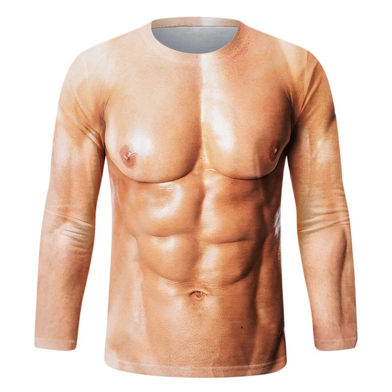 Tee Graphic Print - Lustiges T-Shirt mit Fake-Muskel-Grafik, Herren-Langarm-T-Shirt, Neuheit,
