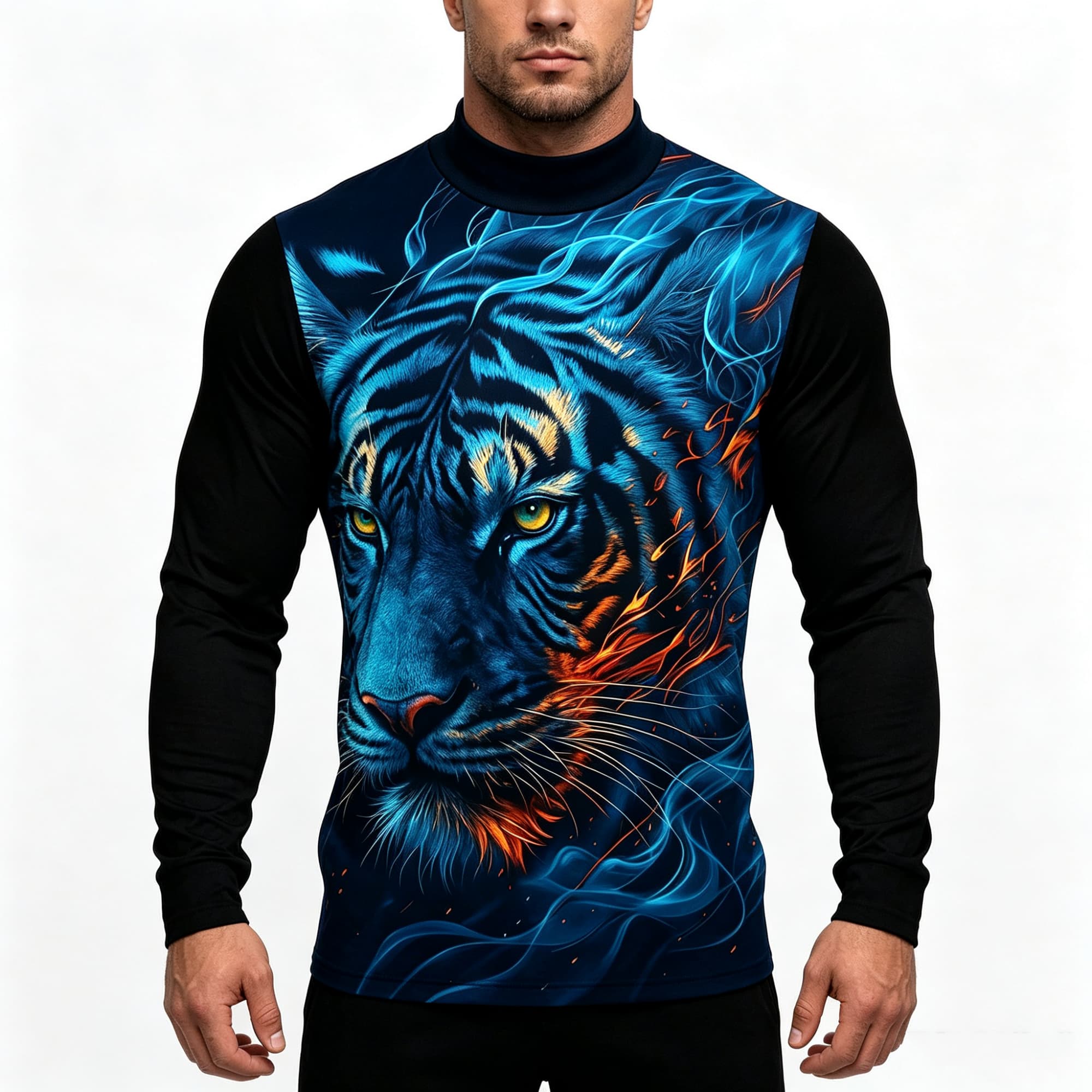 Neonblaues Flammen-Tiger-Tierm – Tee Graphic Print Bewertung und Preis