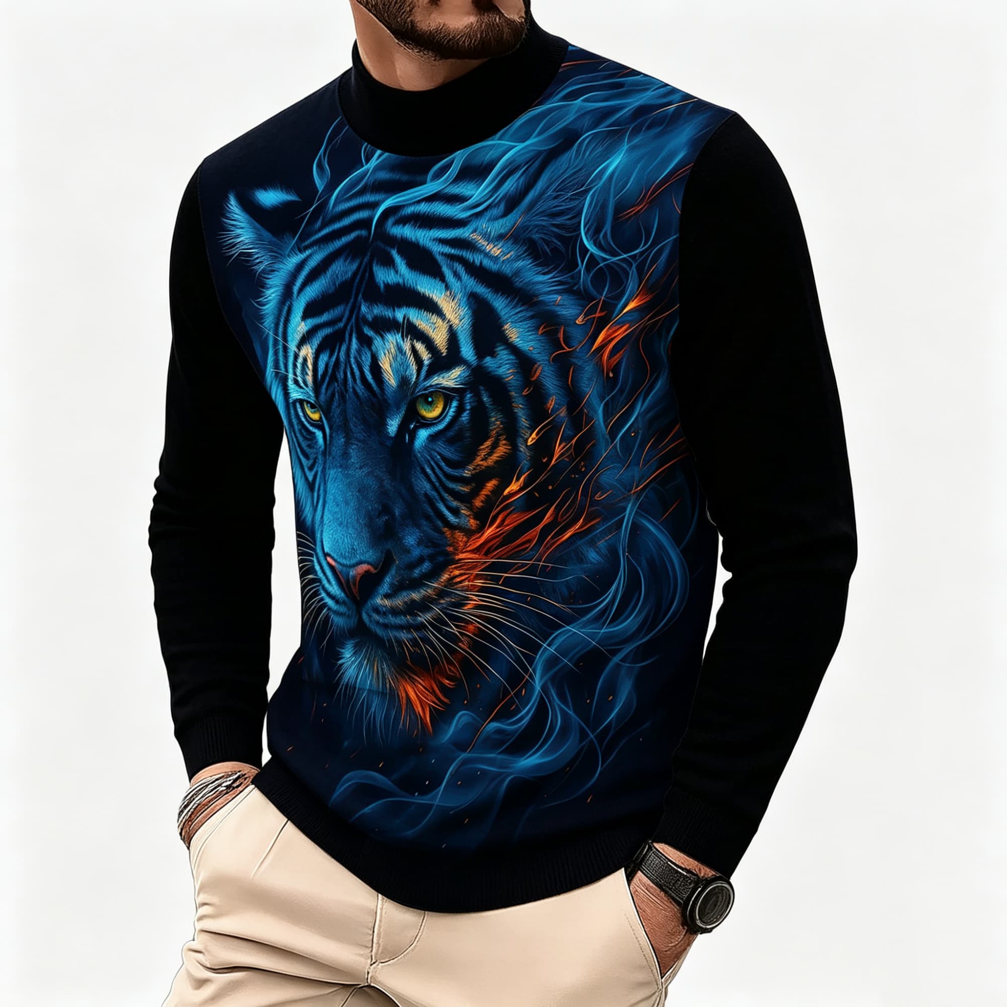 Neonblaues Flammen-Tiger-Tierm – Tee Graphic Print Bewertung und Preis