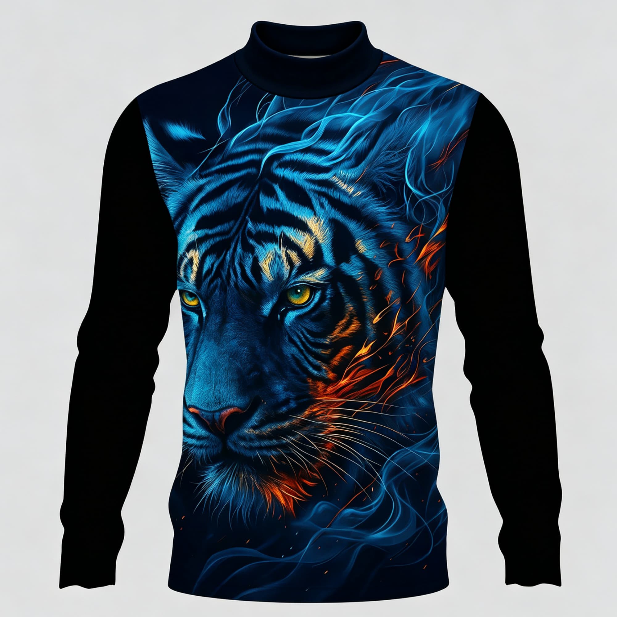 Neonblaues Flammen-Tiger-Tierm – Tee Graphic Print Bewertung und Preis